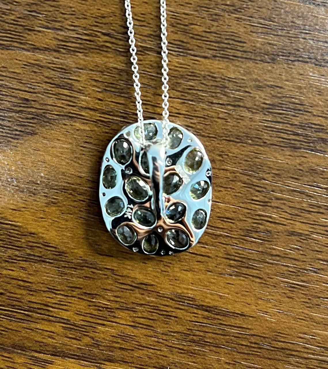 Green Sapphires Pave Set Diamonds 14K White Gold Pendant Necklace For Sale 1