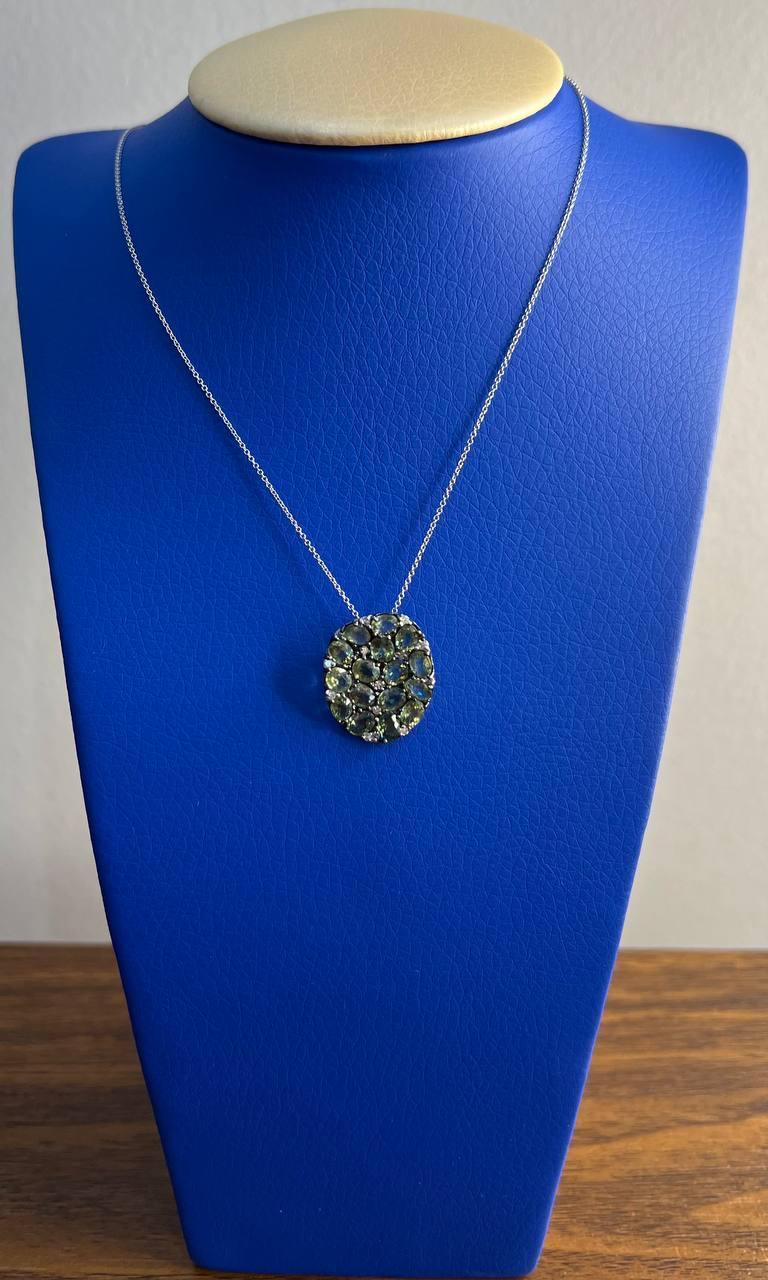 Green Sapphires Pave Set Diamonds 14K White Gold Pendant Necklace For Sale 2