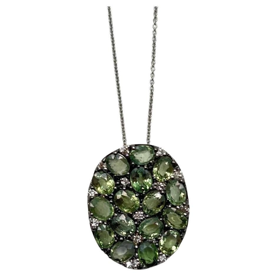 Green Sapphires Pave Set Diamonds 14K White Gold Pendant Necklace
