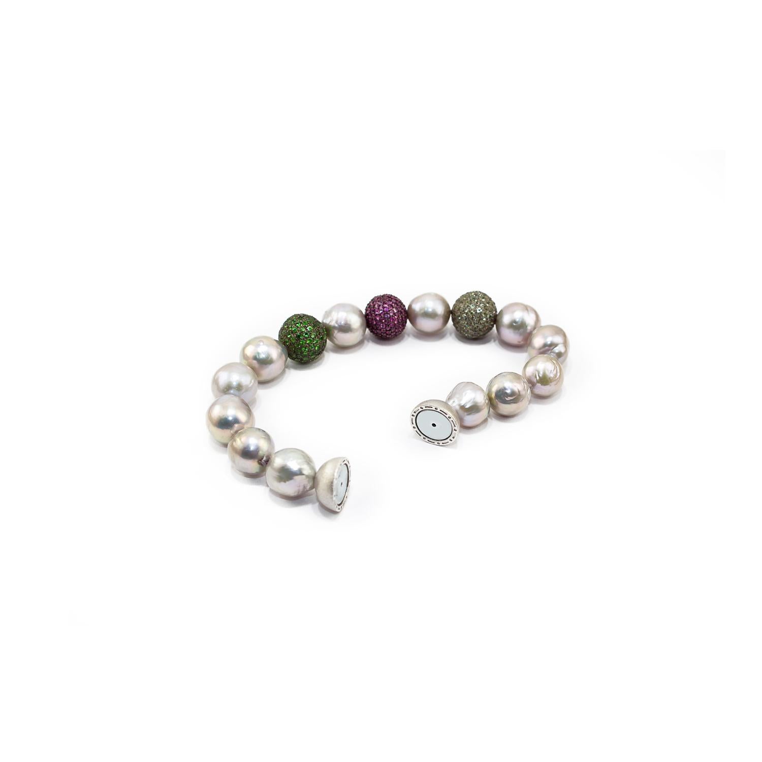 Artisan Green Sapphires, Rubies and Tsavorite Pave, Pearls and Silver Clasp For Sale