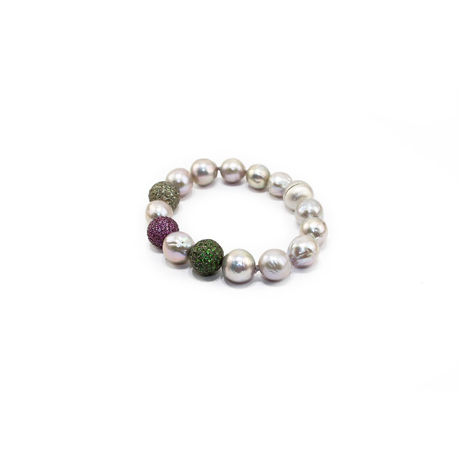 Uncut Green Sapphires, Rubies and Tsavorite Pave, Pearls and Silver Clasp For Sale