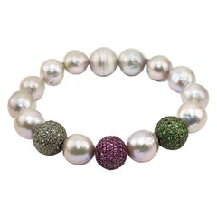Green Sapphires, Rubies and Tsavorite Pave, Pearls and Silver Clasp