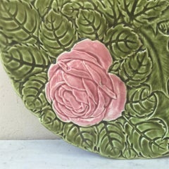 Green Sarreguemines Platter with Large Majolica Flowers, circa 1900