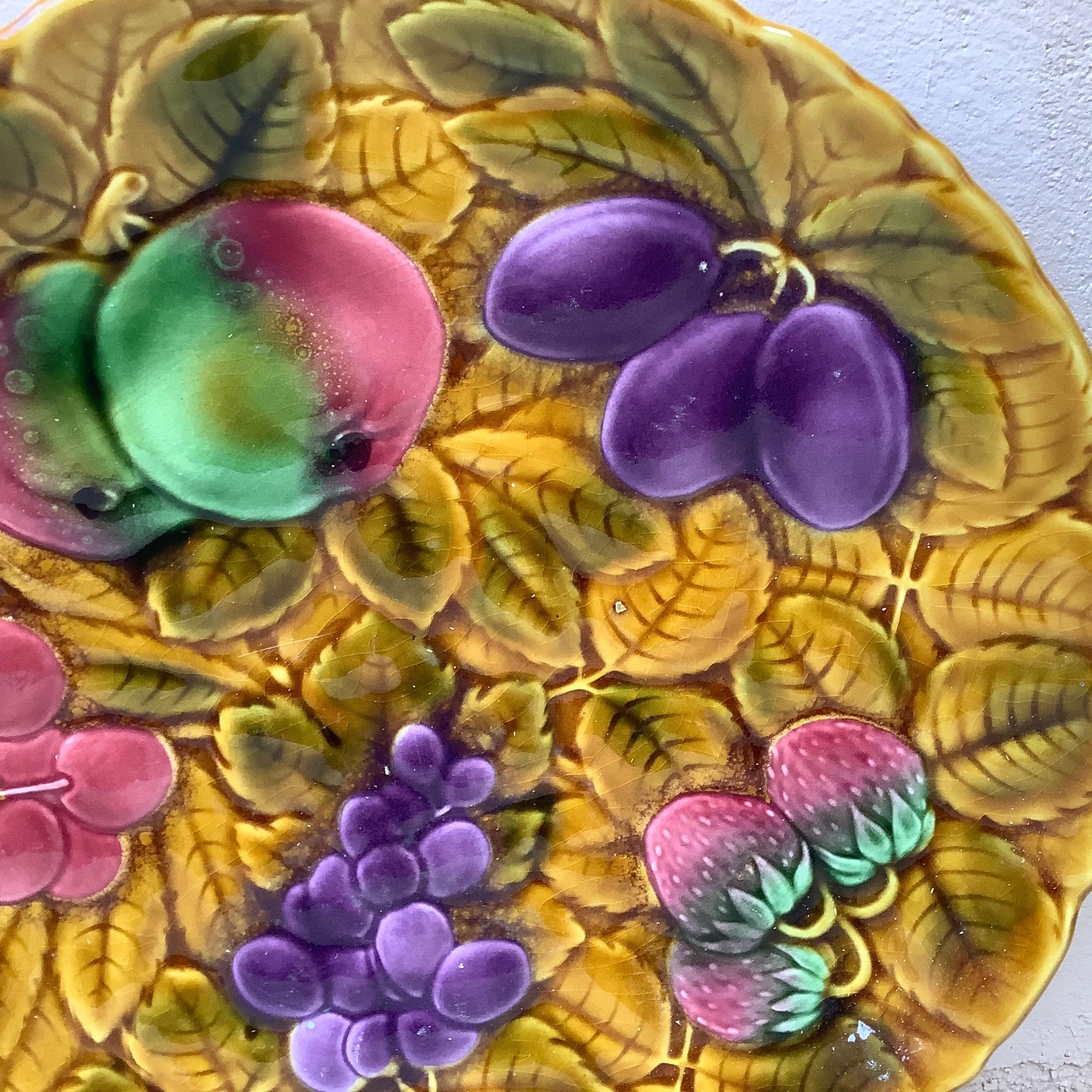 French Majolica Platter with Fruits Sarreguemines, circa 1930 For Sale