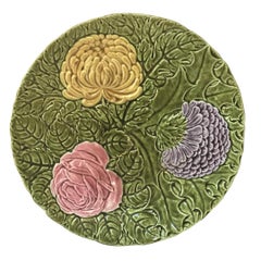 Antique Green Sarreguemines Platter with Large Majolica Flowers, circa 1900