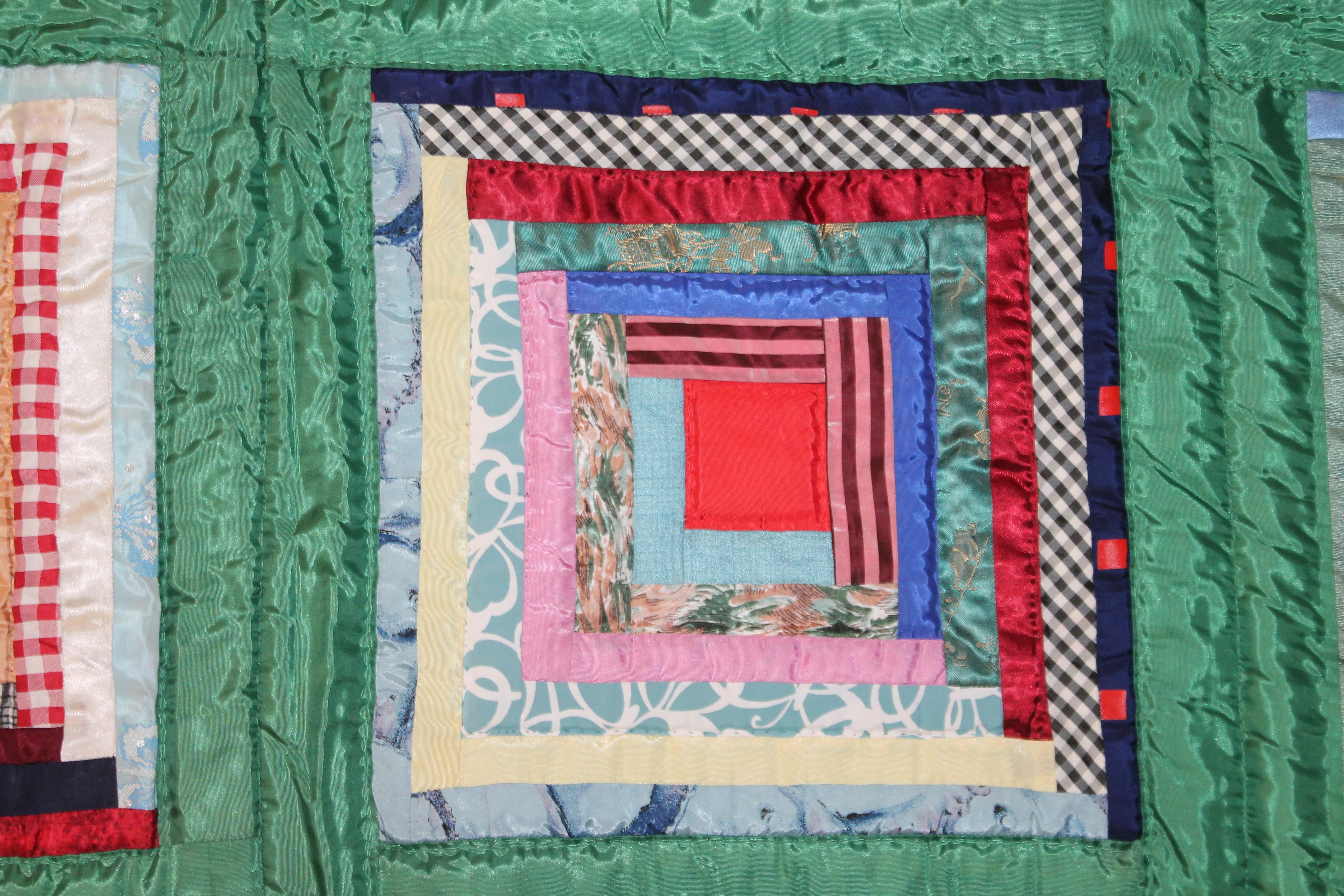 American Green Satin Log Cabin Quilt For Sale