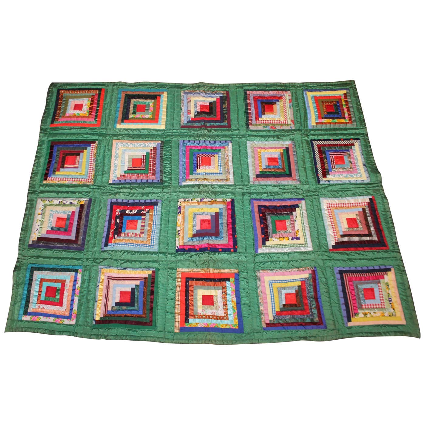 Green Satin Log Cabin Quilt For Sale at 1stDibs | vintage log cabin ...
