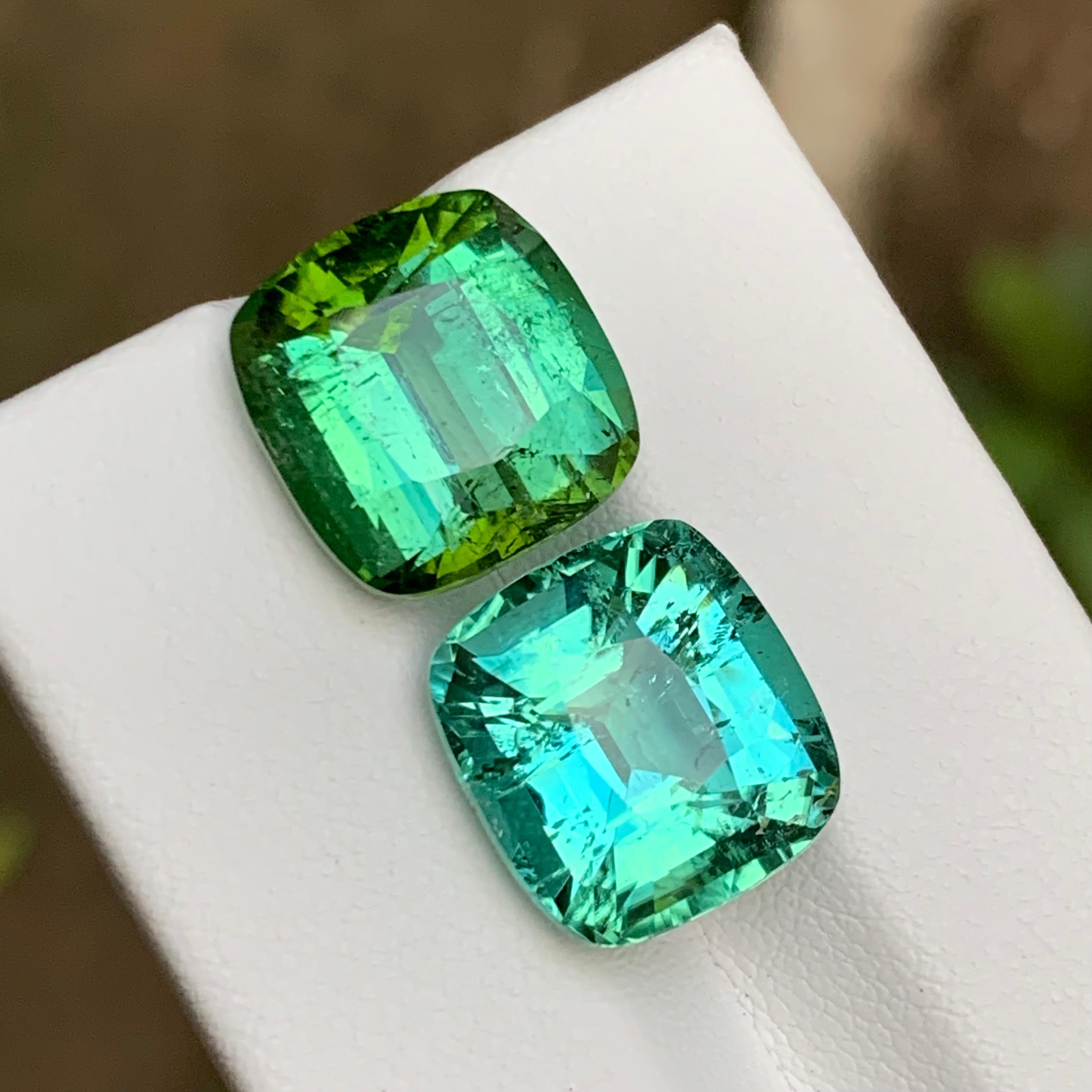 19.10 Carats Cushion Cut Green and Seafoam Green Natural Tourmaline Gemstones from Kunar, Afghanistan

💎 GEMSTONE TYPE: Tourmaline
⚖️ WEIGHT: 19.10 Carats
🪚 SHAPE & CUT: Cushion Cut
📏 SIZE (MM): 9.80 Carat: 12.61 x 12.11 x 8.62 mm and 9.30 Carat: