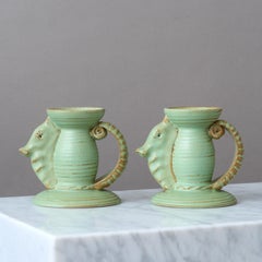 Green Seahorse Art Deco Candlesticks Andersson & Johansson, Höganäs Sweden 1930s