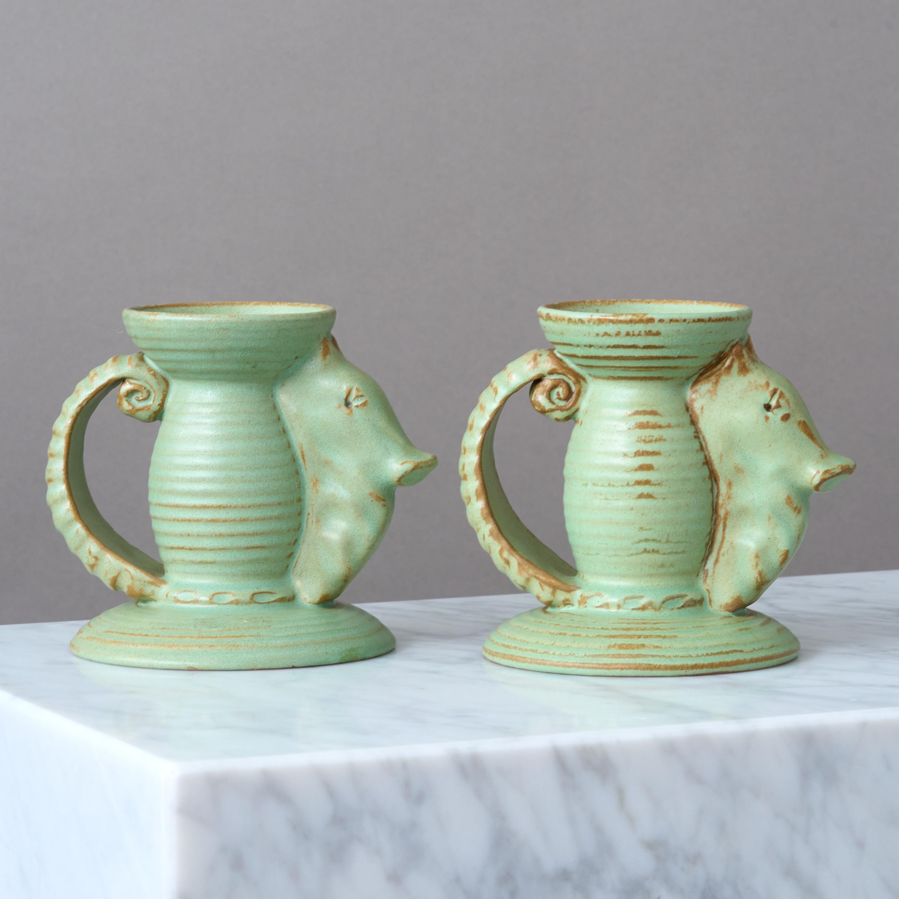 Art déco Bougeoirs Art Deco hippocampe vert Andersson & Johansson, Höganäs Suède années 1930 en vente