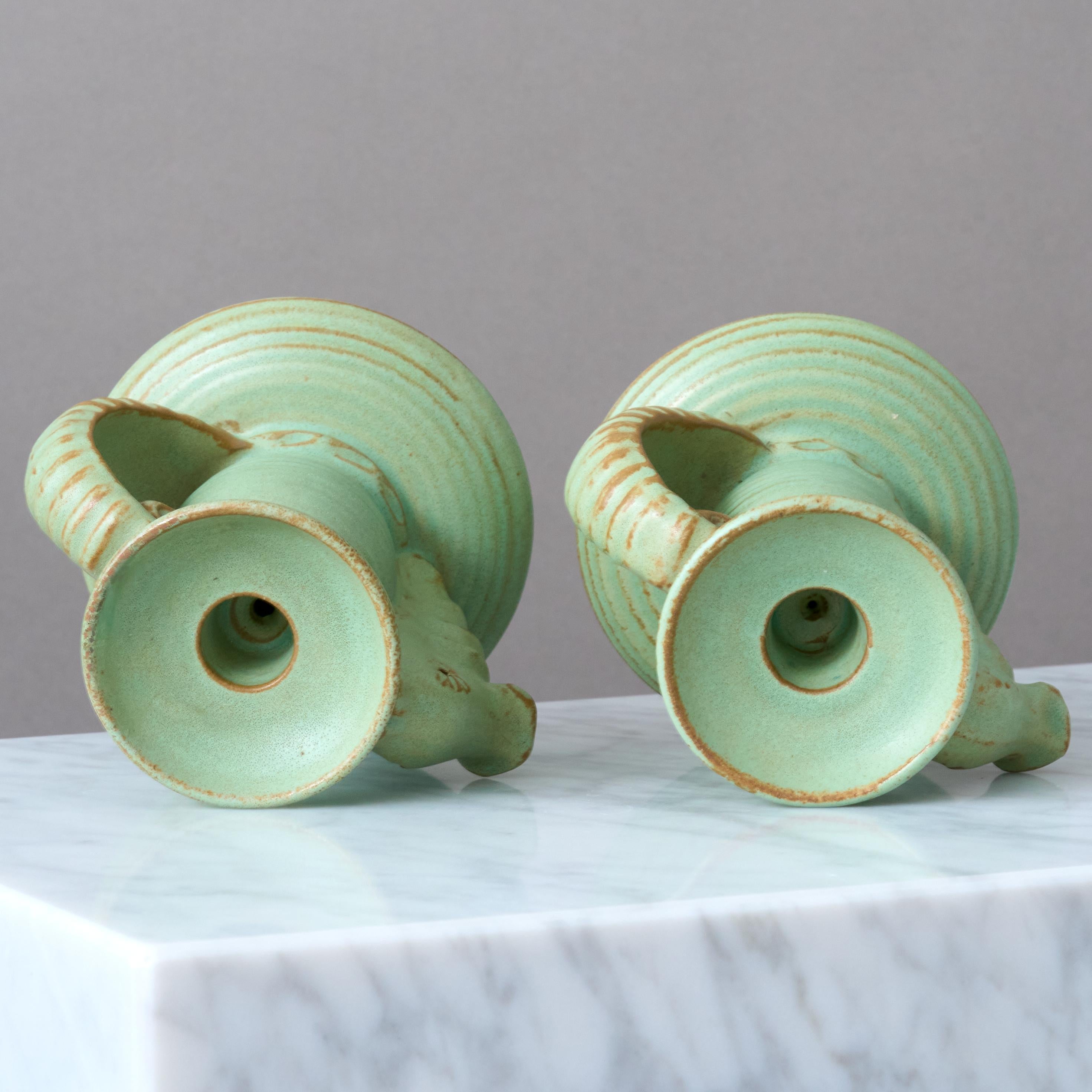 Suédois Bougeoirs Art Deco hippocampe vert Andersson & Johansson, Höganäs Suède années 1930 en vente