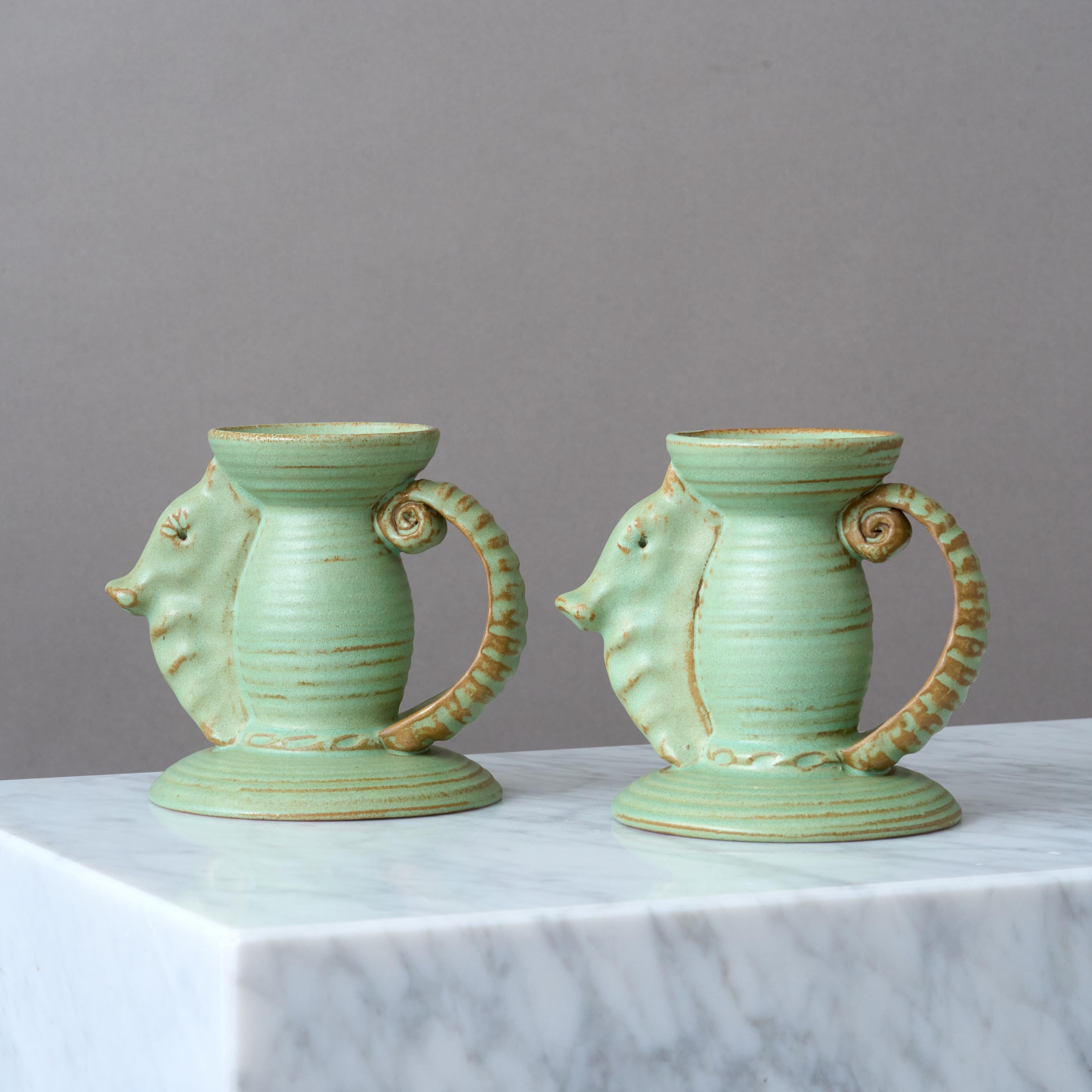Vernissé Bougeoirs Art Deco hippocampe vert Andersson & Johansson, Höganäs Suède années 1930 en vente