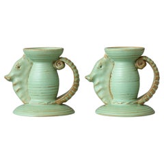 Bougeoirs Art Deco hippocampe vert Andersson & Johansson, Höganäs Suède années 1930