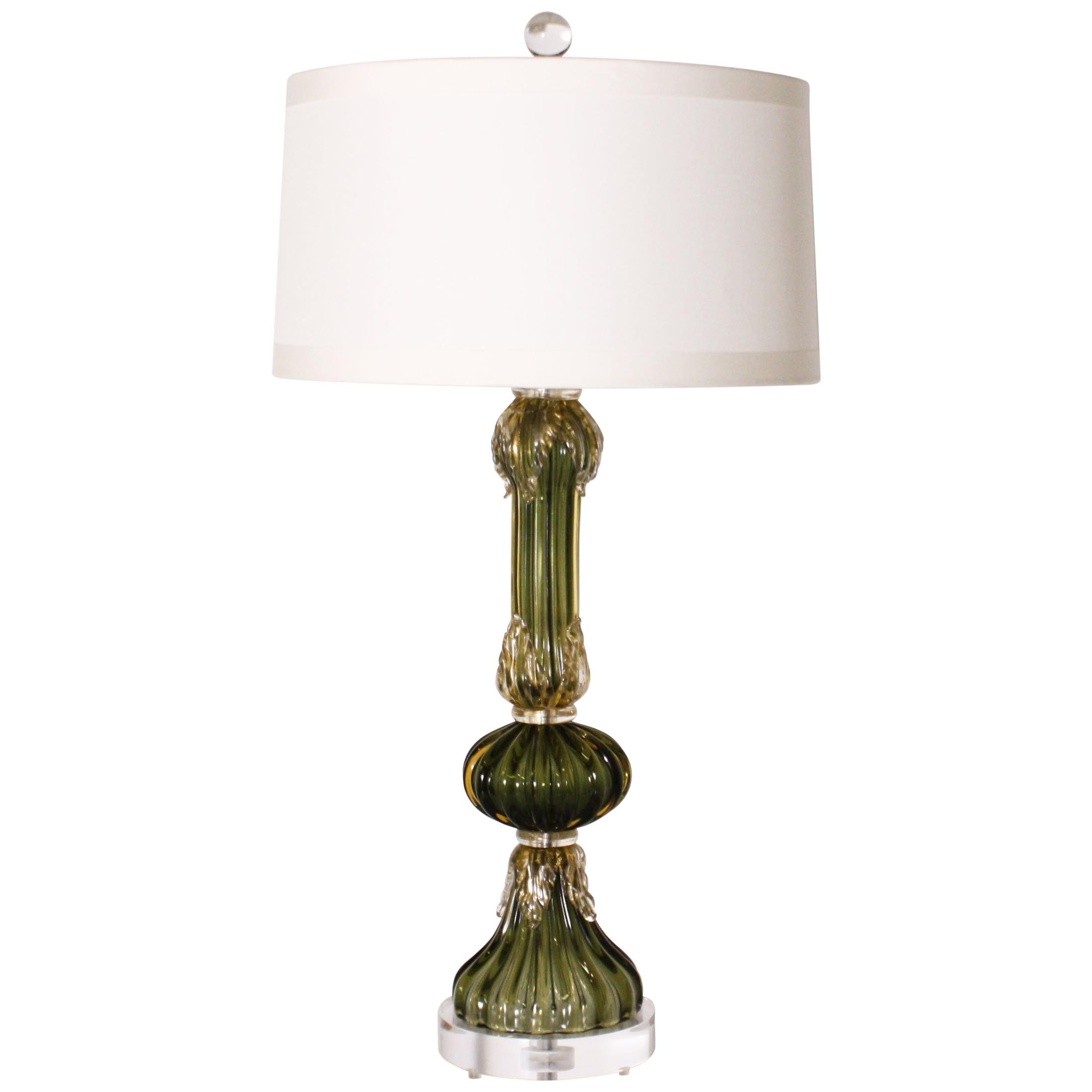 Green Seguso for Marbro Lamp with Gold Leaves, circa 1960