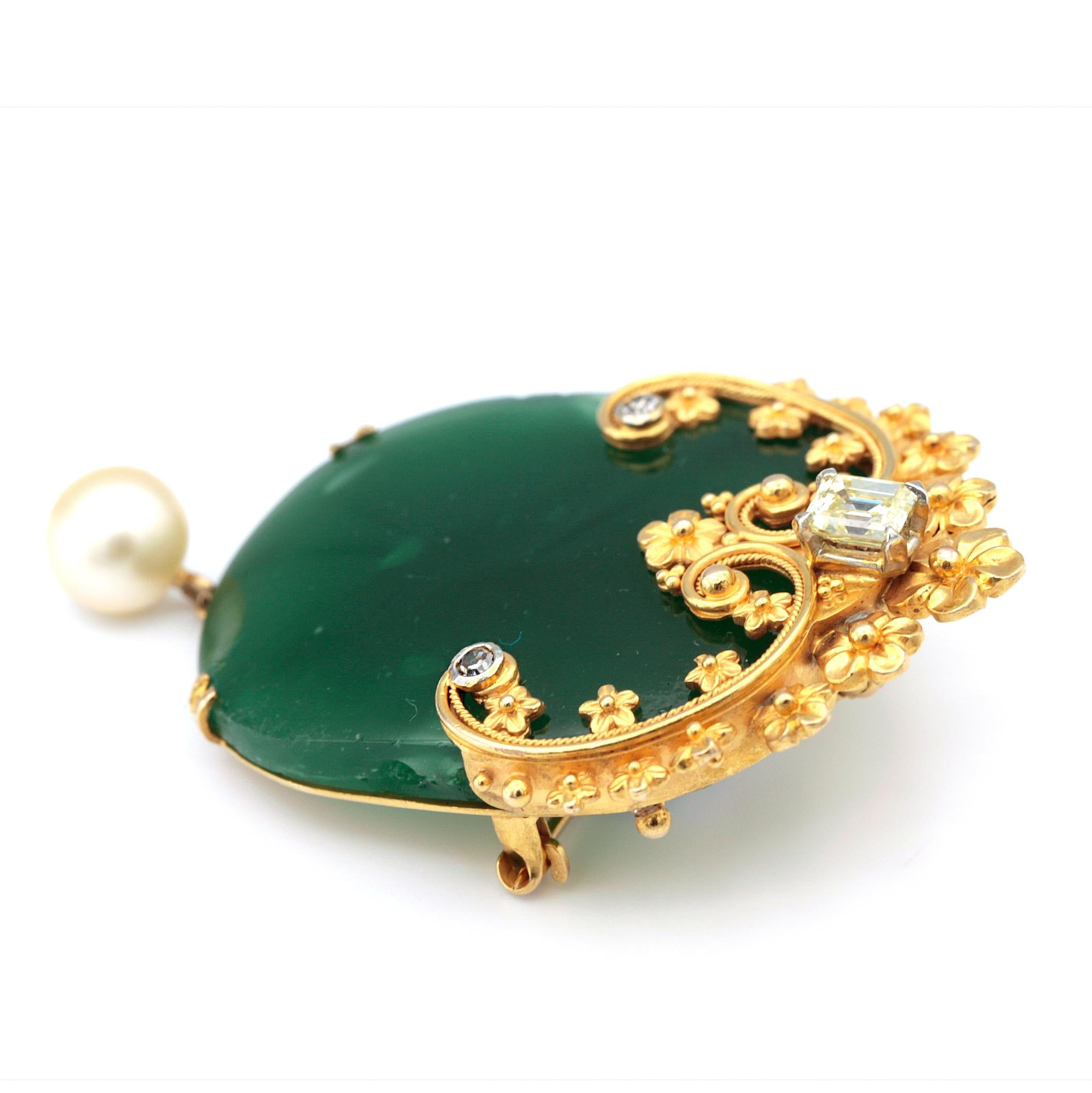 Victorian Green Semi Precious Gemstone, Diamonds and Pearl Brooch Pin For Sale