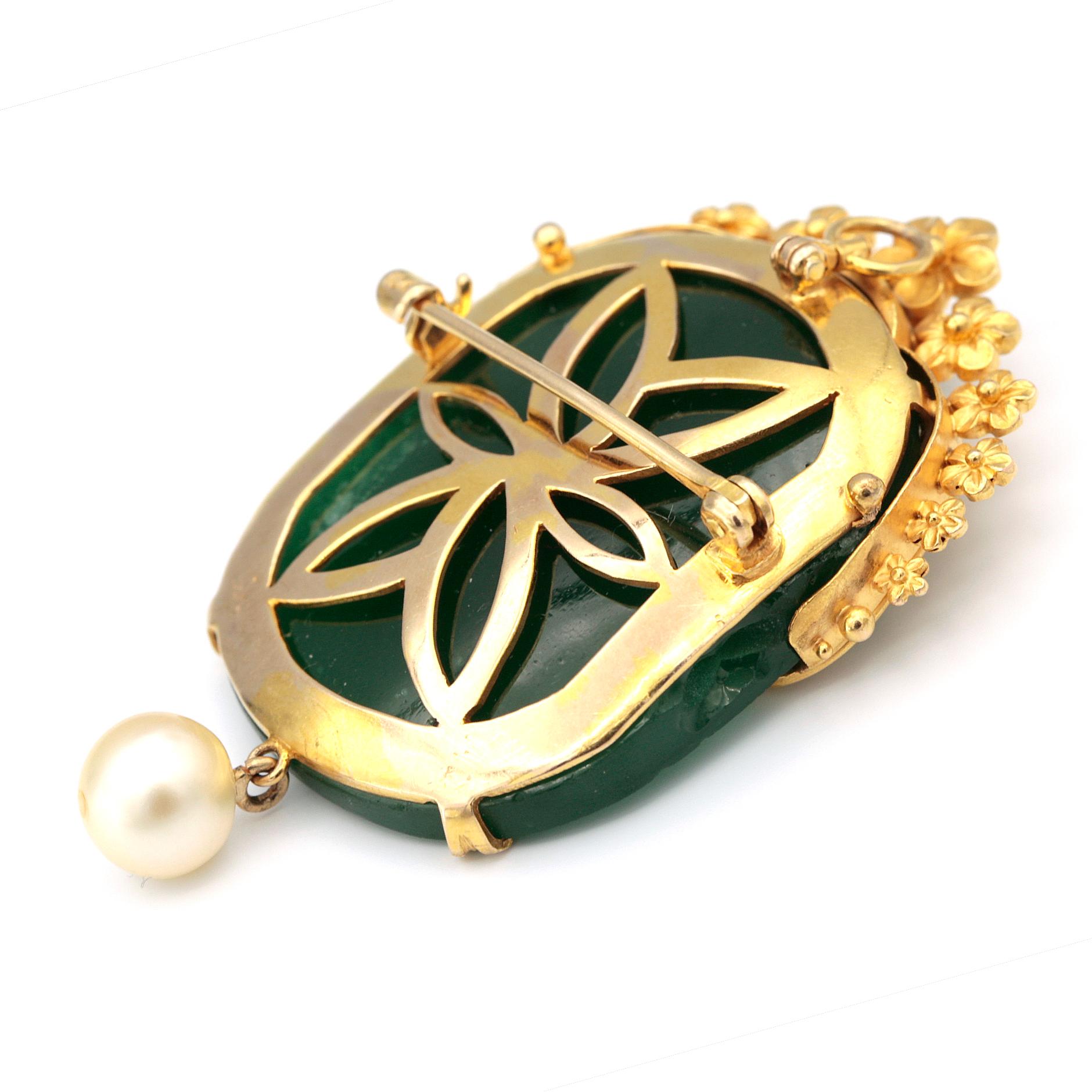 Green Semi Precious Gemstone, Diamonds and Pearl Brooch Pin For Sale 1