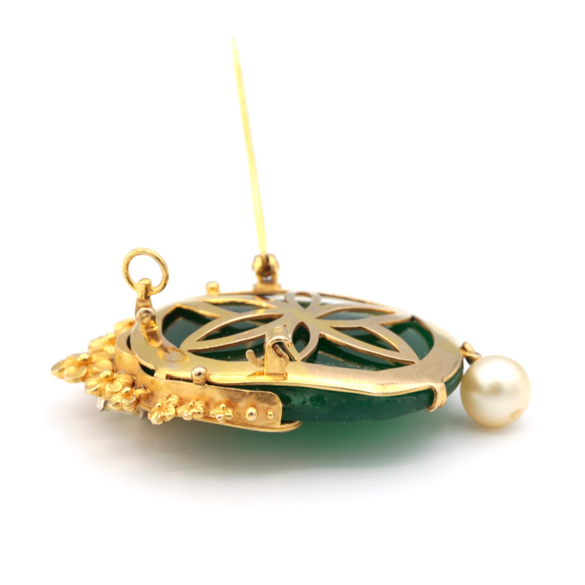 Green Semi Precious Gemstone, Diamonds and Pearl Brooch Pin For Sale 2
