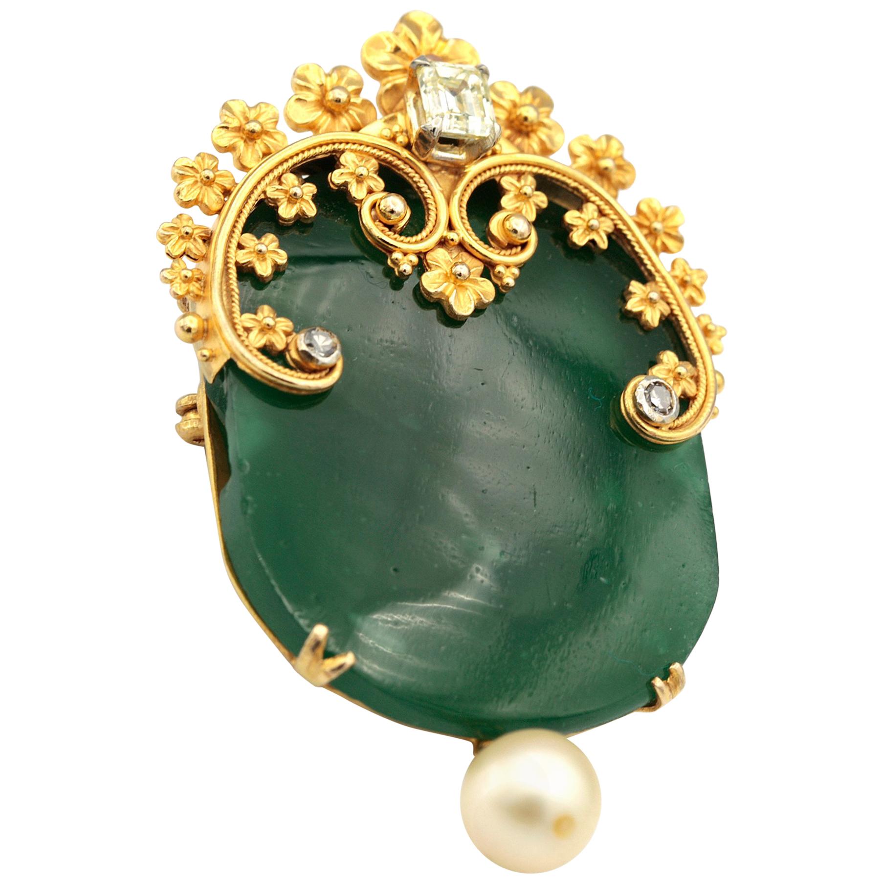 Green Semi Precious Gemstone, Diamonds and Pearl Brooch Pin For Sale