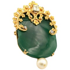 Green Semi Precious Gemstone, Diamonds and Pearl Brooch Pin