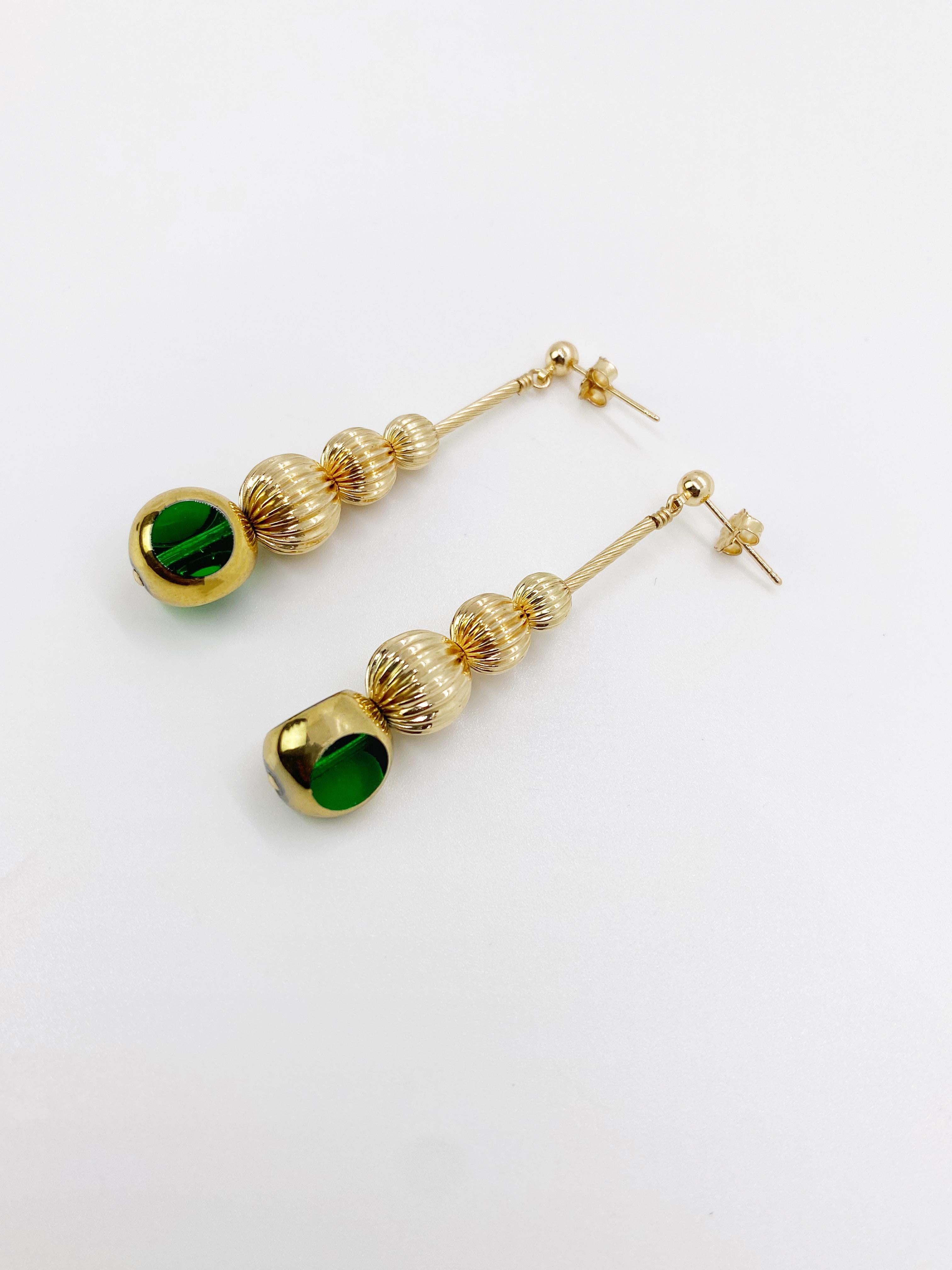 Green Semi Round German Beads Disco Earrings In New Condition For Sale In Monrovia, CA