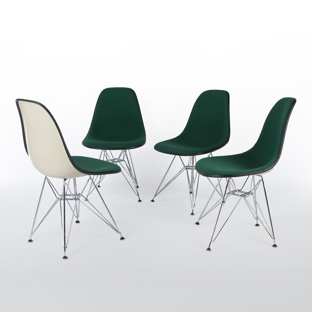 A matching set of four green upholstered Eames Herman Miller white side shell chairs on used, new, DSR bases create the perfect dining set. The revitalised fabric looks great with only expected signs of use on it whilst the shells show no cracks or