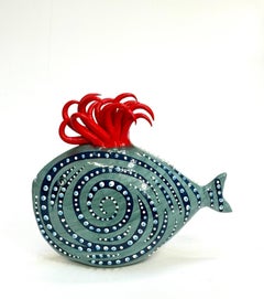 Green set of unique handcrafted fish handmade in Italy, ceramic, bespoke