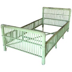 Vintage Green Shabby Chic Stick Rattan Twin Size Sleigh Bed Frame