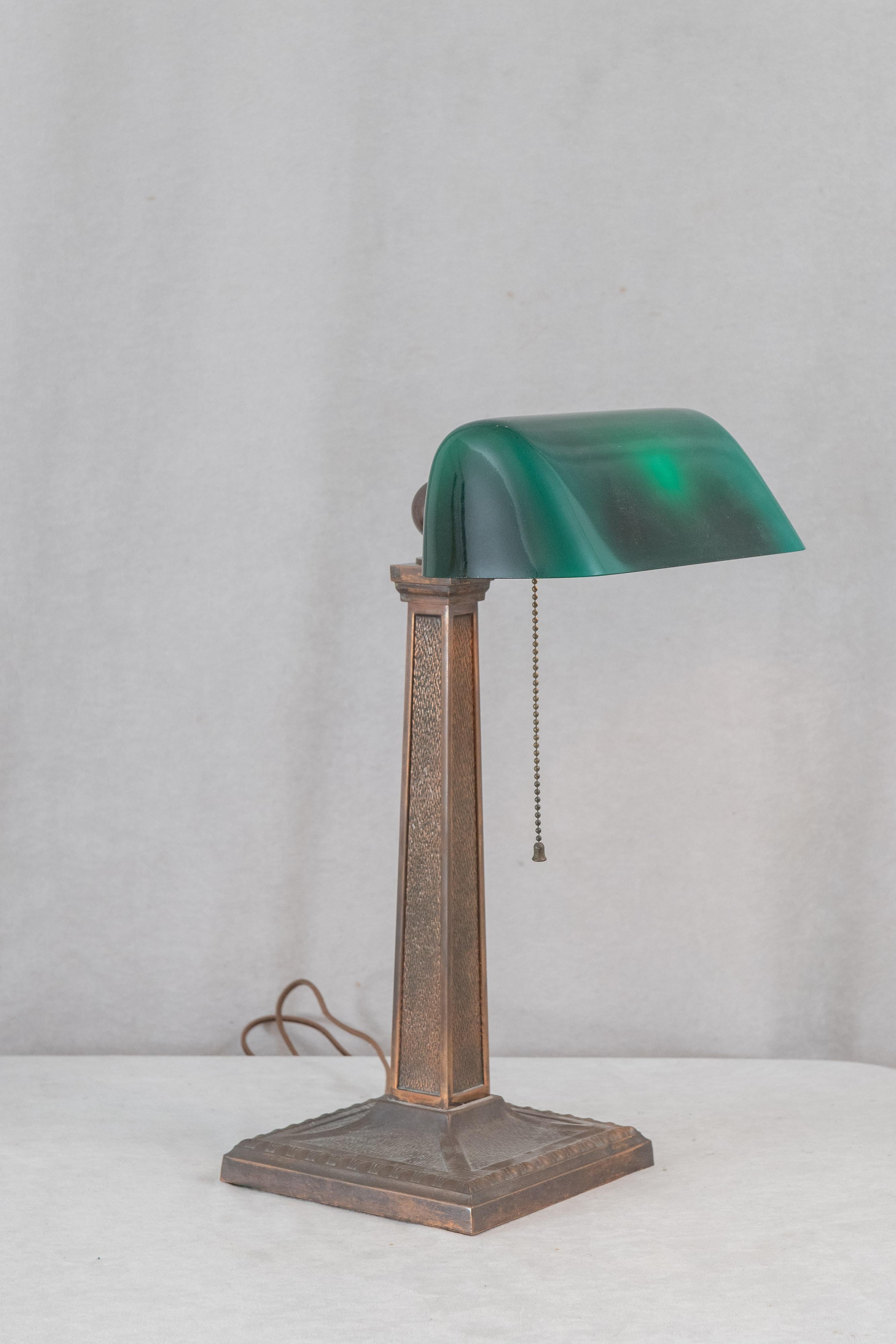 Arts and Crafts Green Shade Banker's Lamp by Amronlite, ca. 1915, All Original