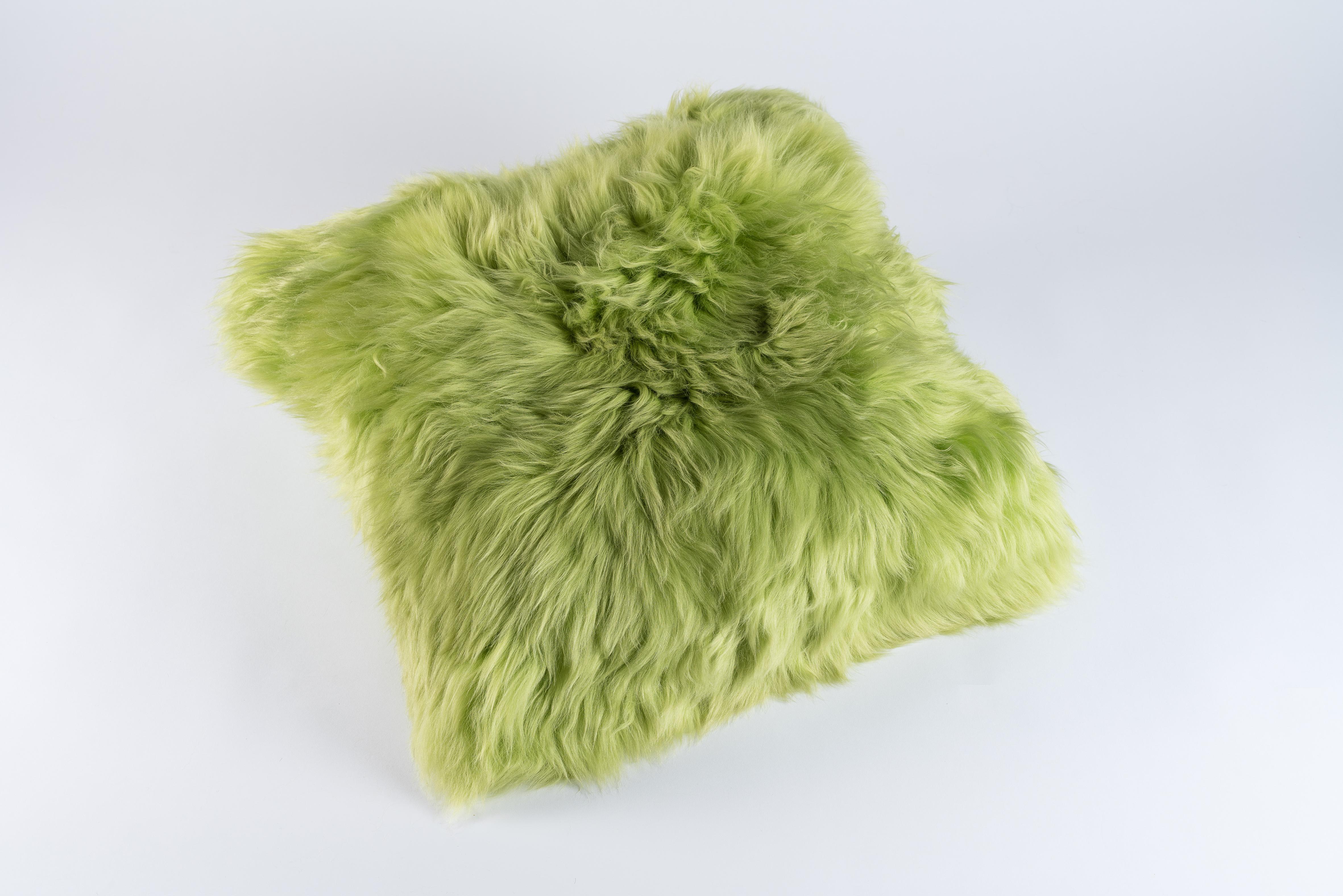 French Green Sheepskin and Exclusive Fabric Pillow For Sale