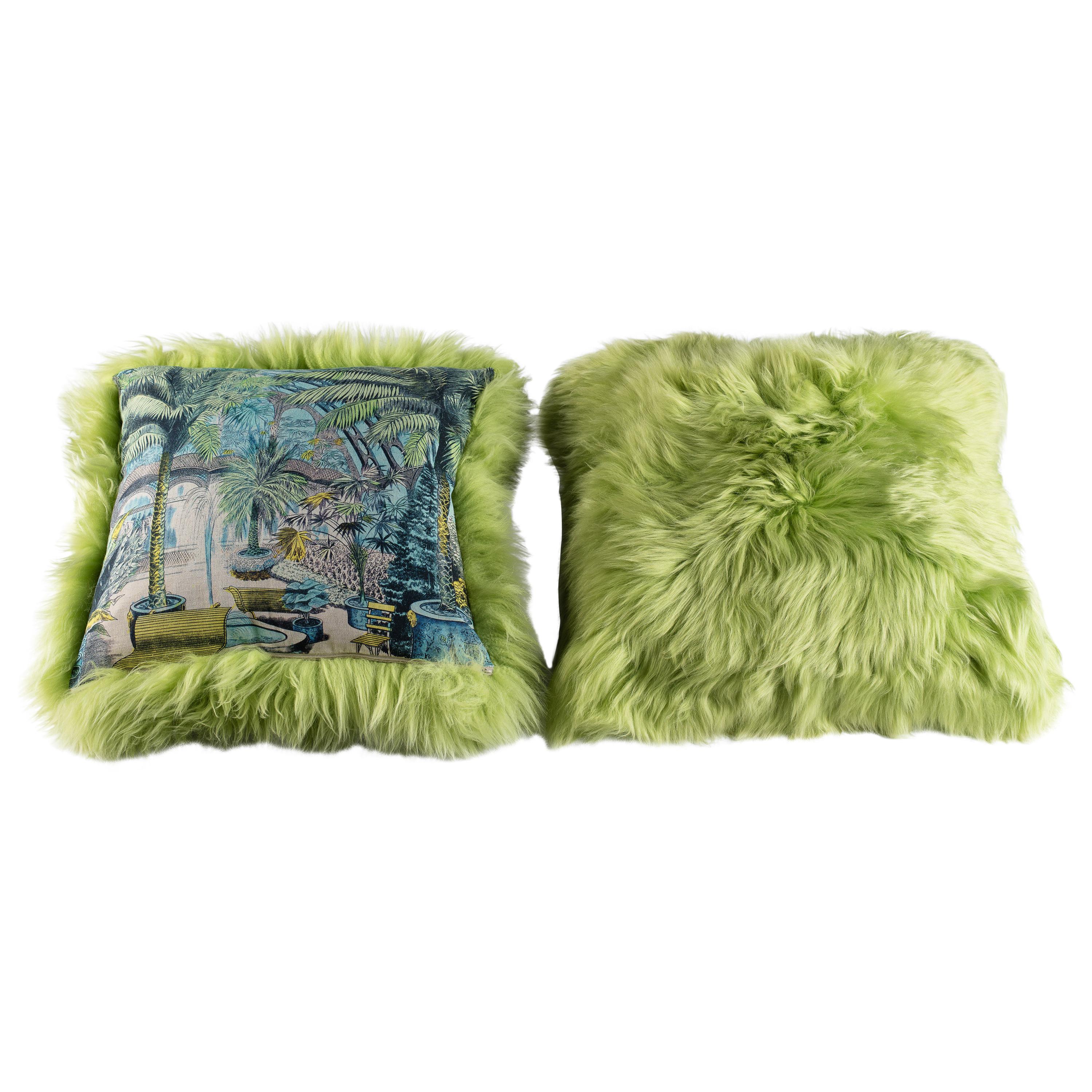 Green Sheepskin and Exclusive Fabric Pillow For Sale