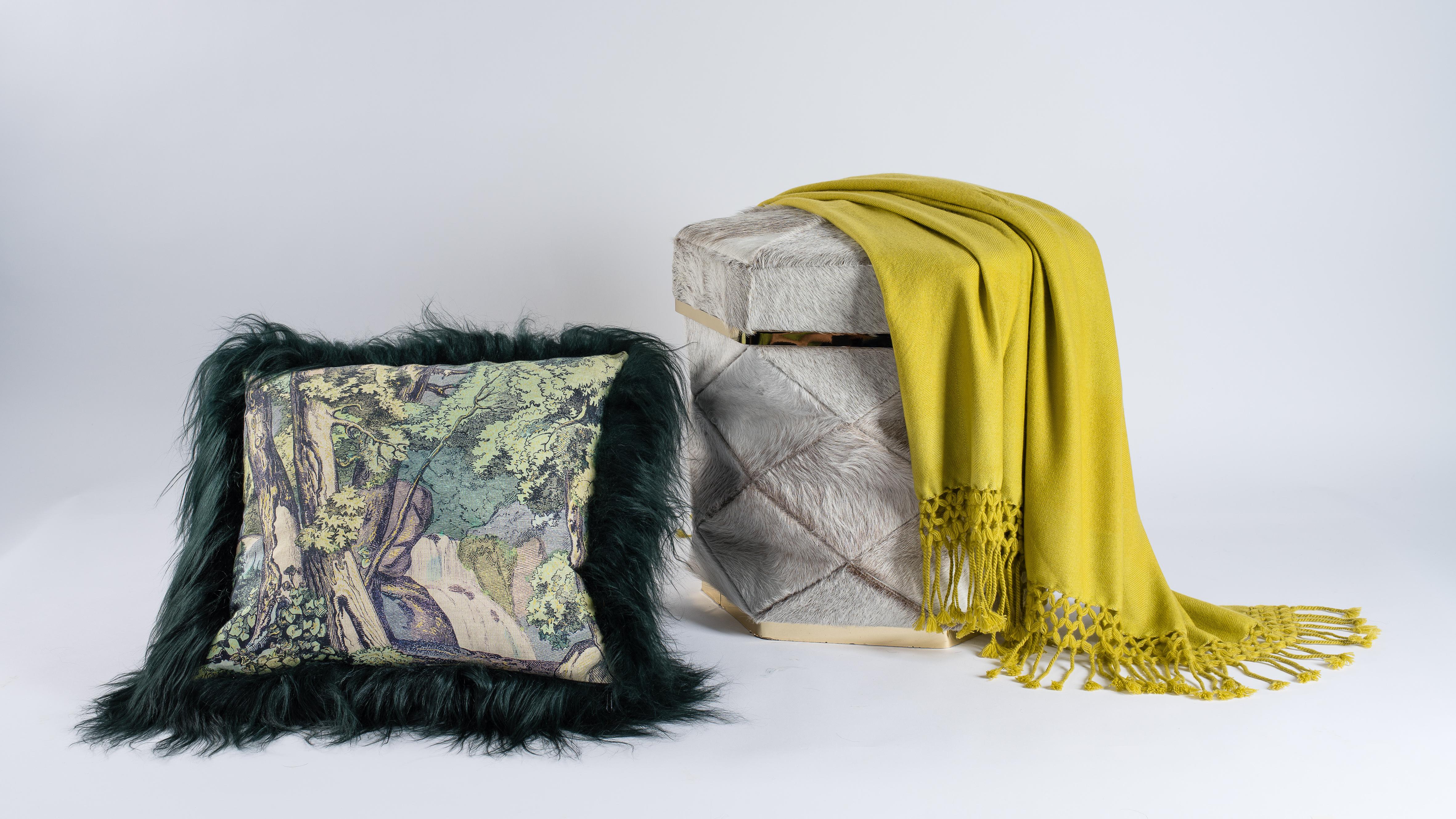 French Green Sheepskin Fur and Exclusive Fabric Pillow For Sale
