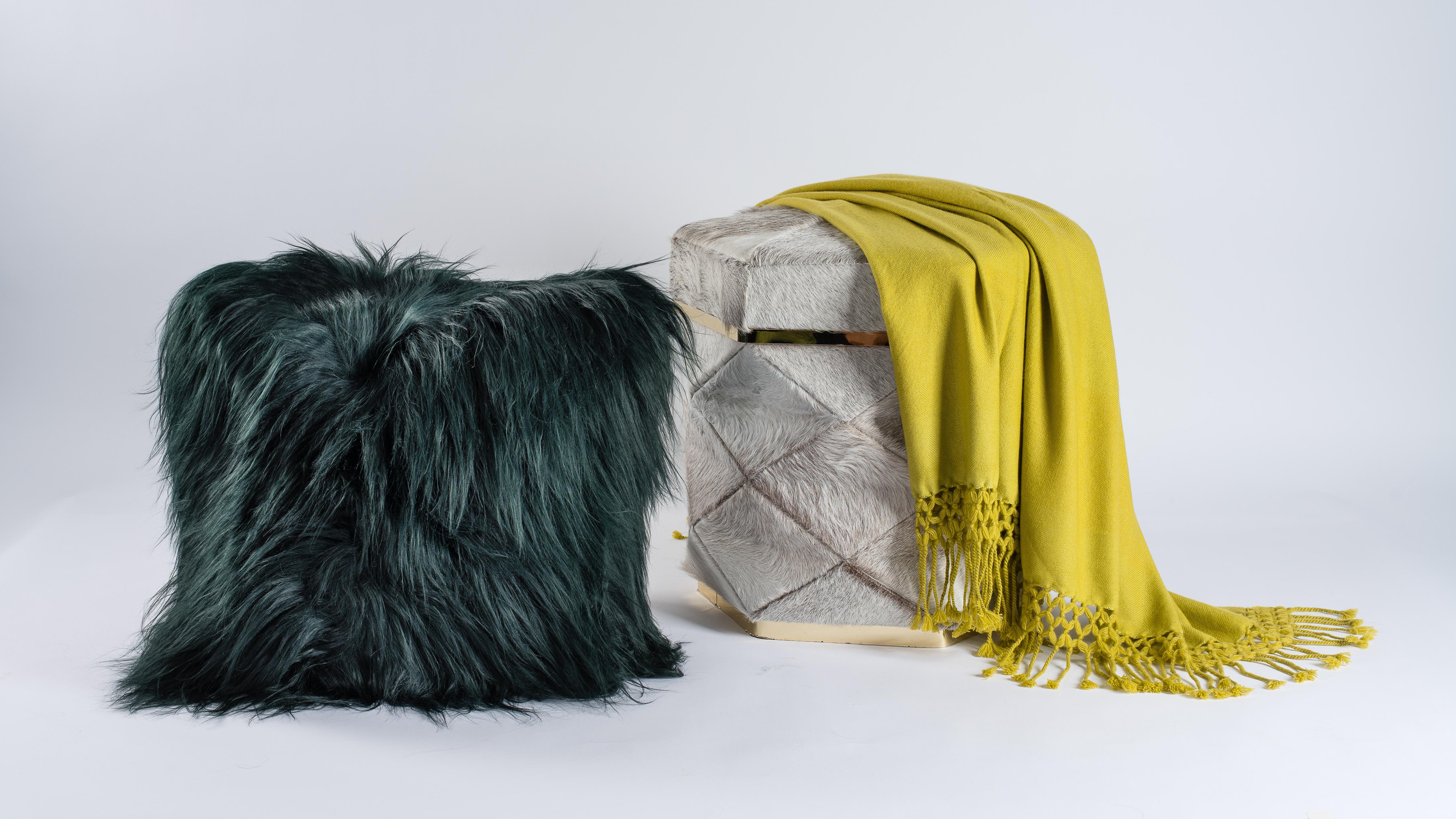 Hand-Crafted Green Sheepskin Fur and Exclusive Fabric Pillow For Sale