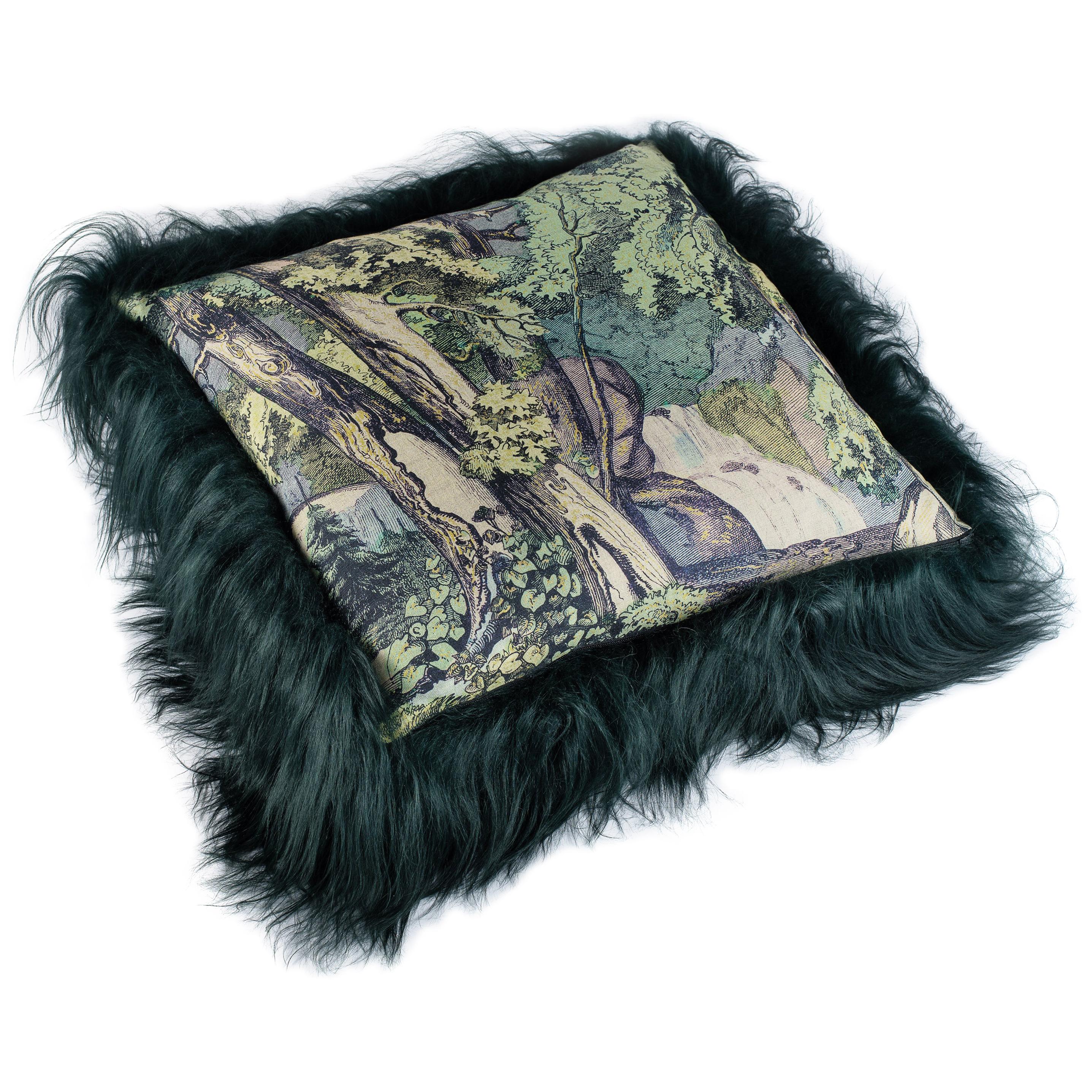 Green Sheepskin Fur and Exclusive Fabric Pillow For Sale