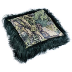 Green Sheepskin Fur and Exclusive Fabric Pillow
