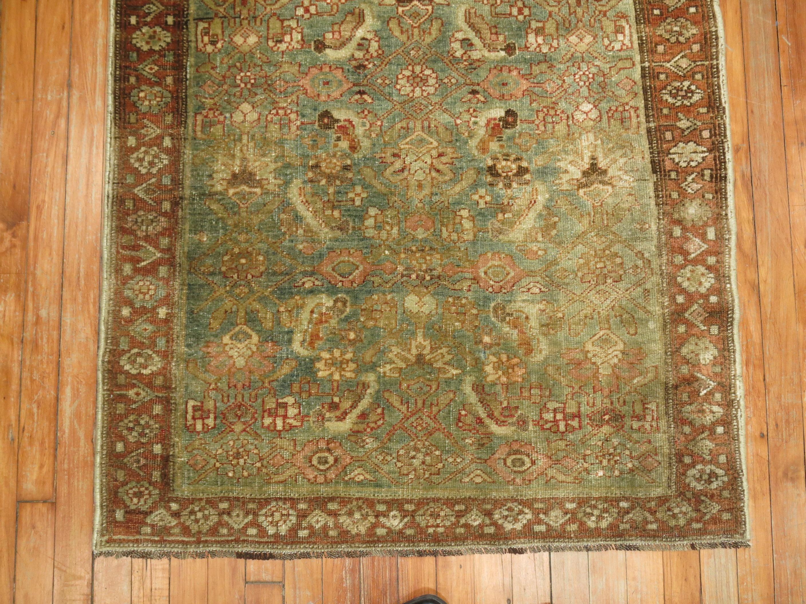 Green Short Traditional Persian Bidjar Runner In Good Condition For Sale In New York, NY