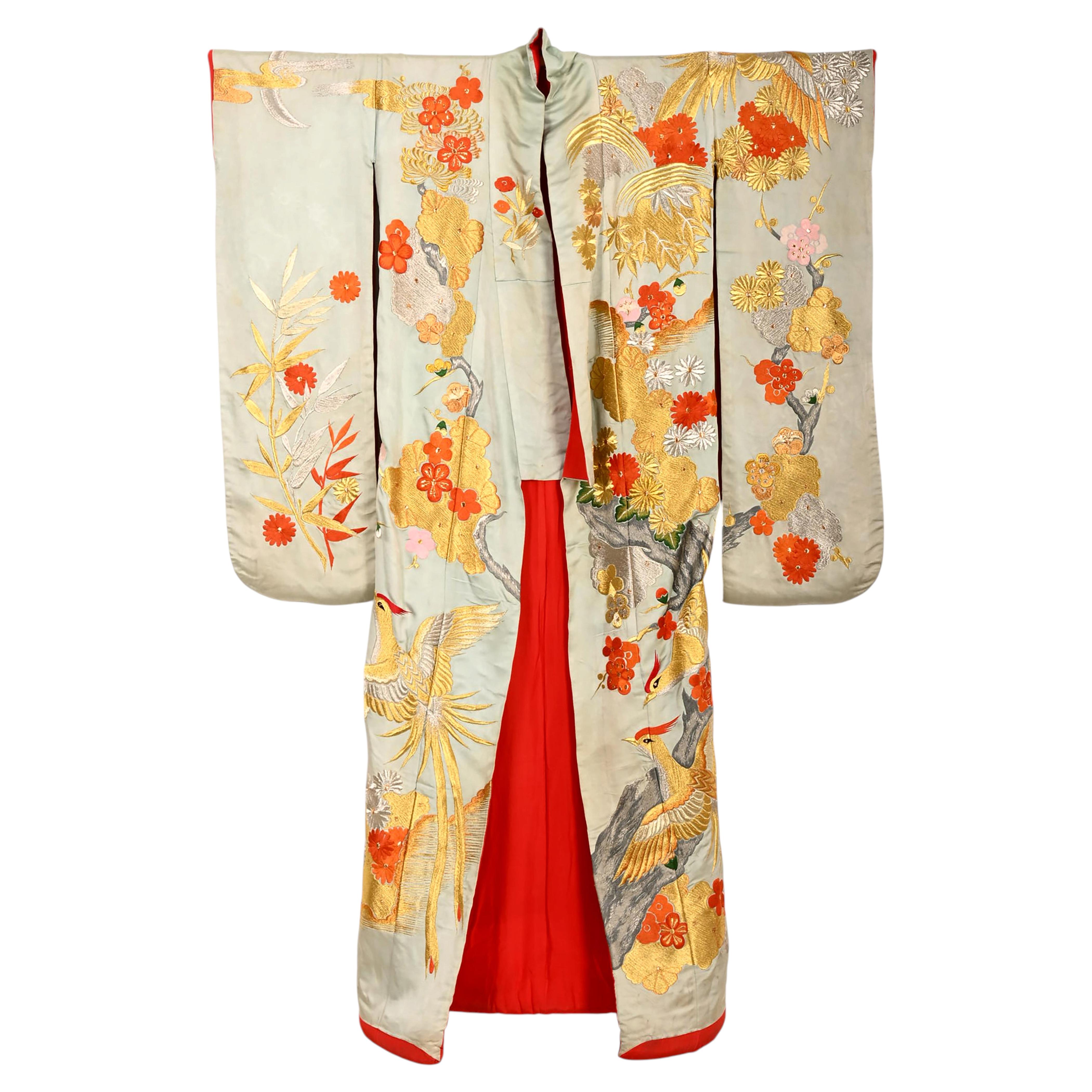 Kimono japonés de brocado de seda verde, vestido de ceremonia