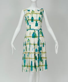 Green Silk Christmas Tassel Sketch Cocktail Dress w Cord Belt - S-M, 1960s