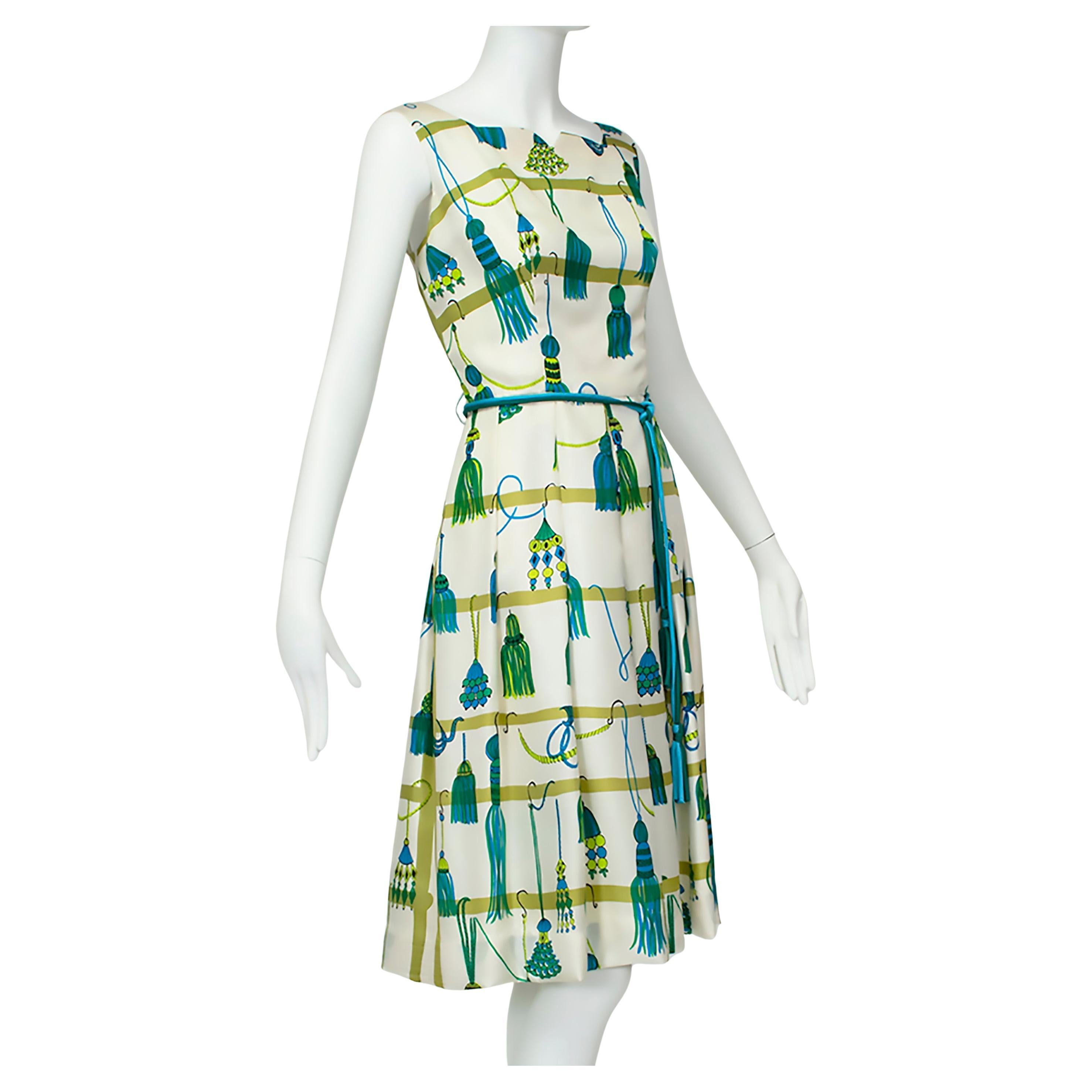 Green Silk Christmas Tassel Sketch Cocktail Dress w Cord Belt - S-M, 1960s For Sale