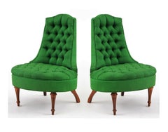 Green Silk Hollywood Regency Style Tufted Chairs