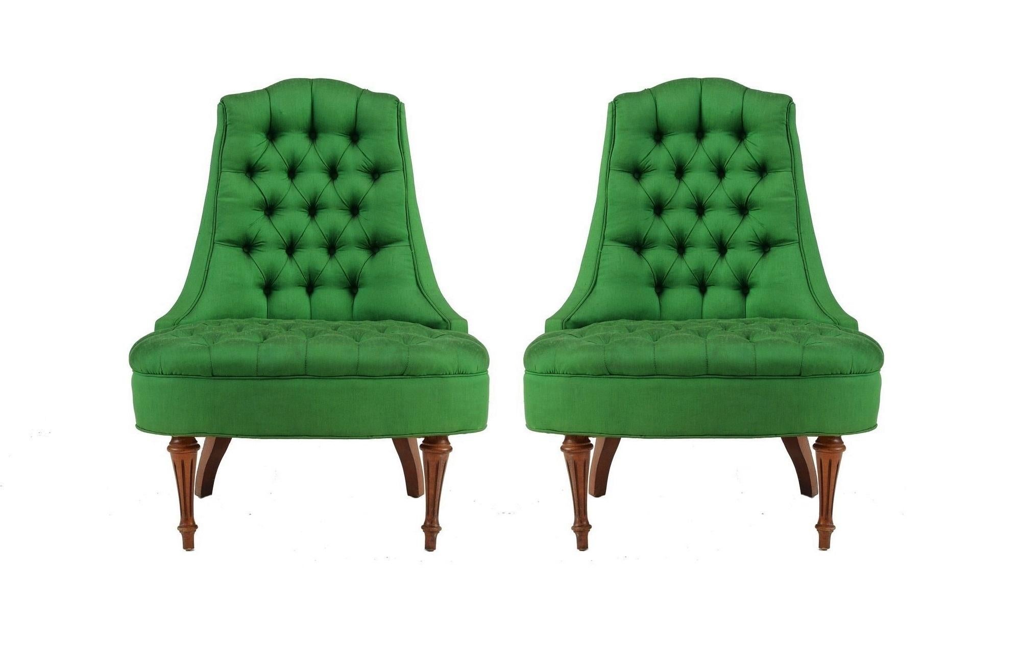American Green Silk Hollywood Regency Style Tufted Chairs