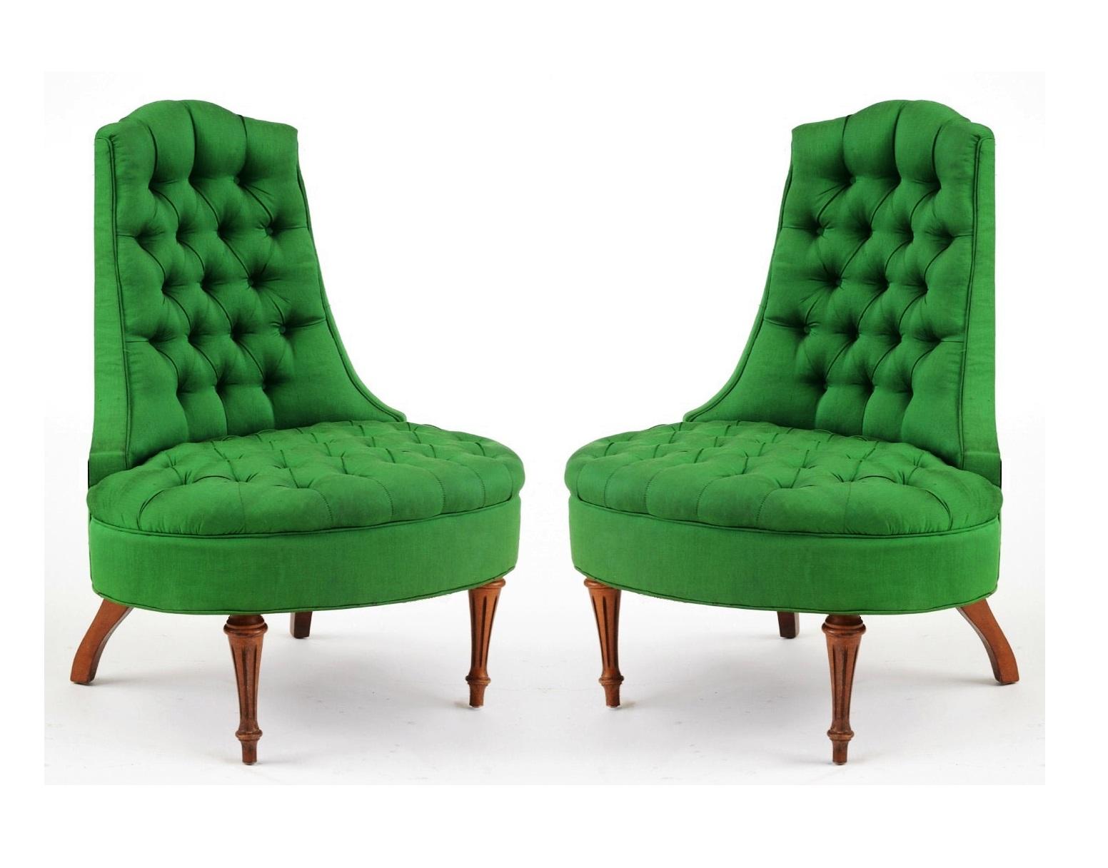 Green Silk Hollywood Regency Style Tufted Chairs In Good Condition In Dallas, TX