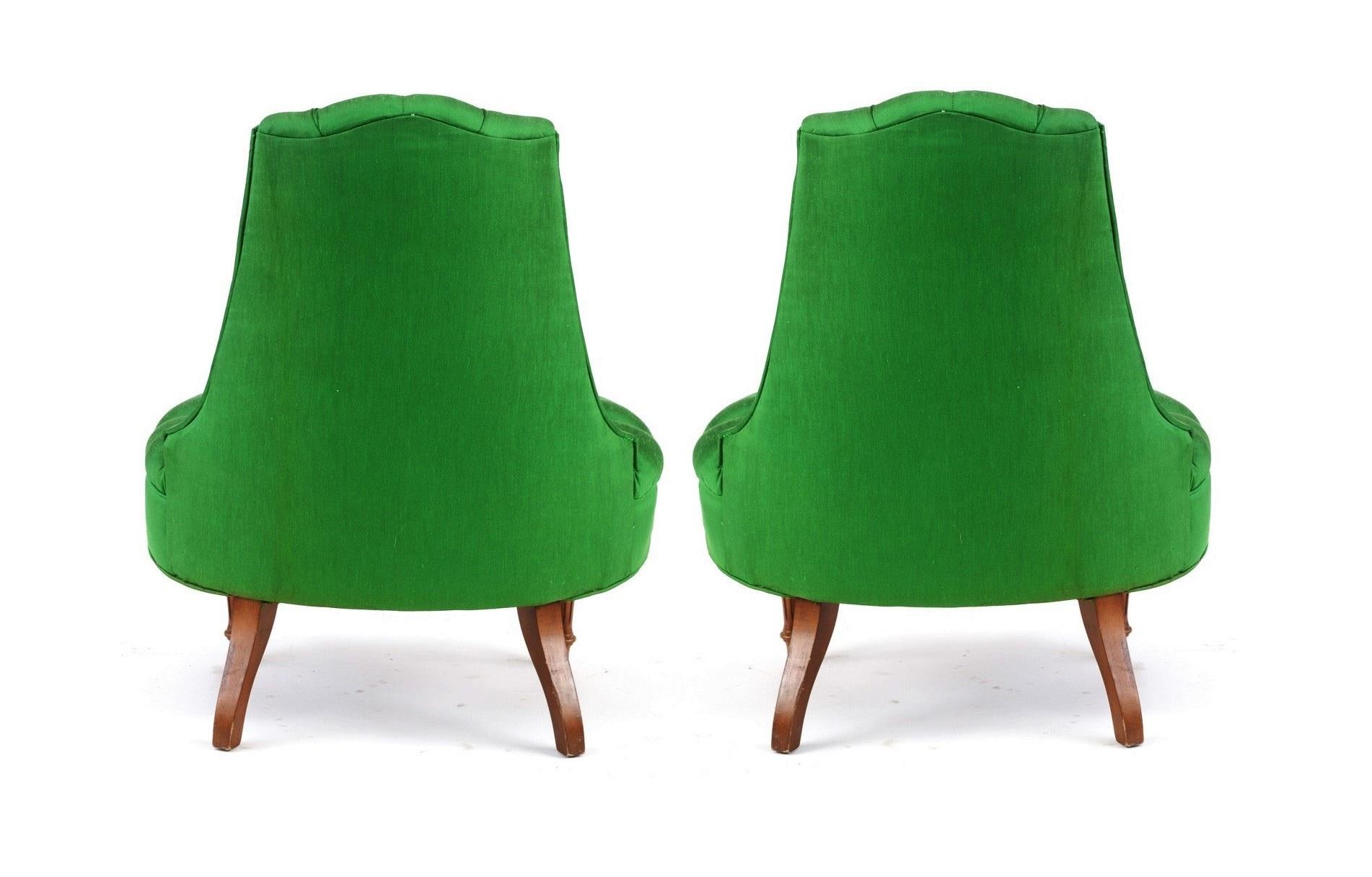 20th Century Green Silk Hollywood Regency Style Tufted Chairs