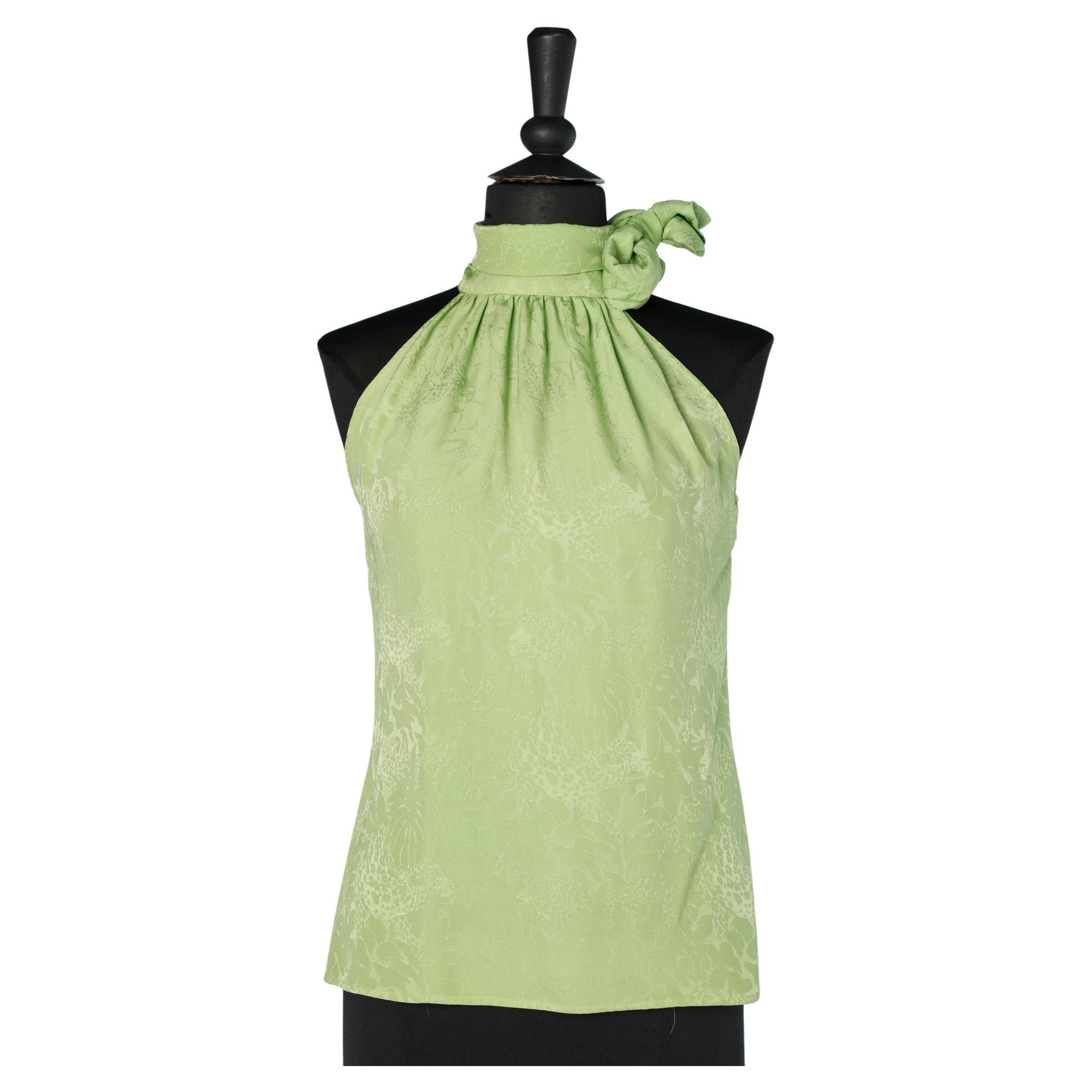 Green silk jacquard top with bow on the side Yves Saint Laurent Rive Gauche 1993 For Sale