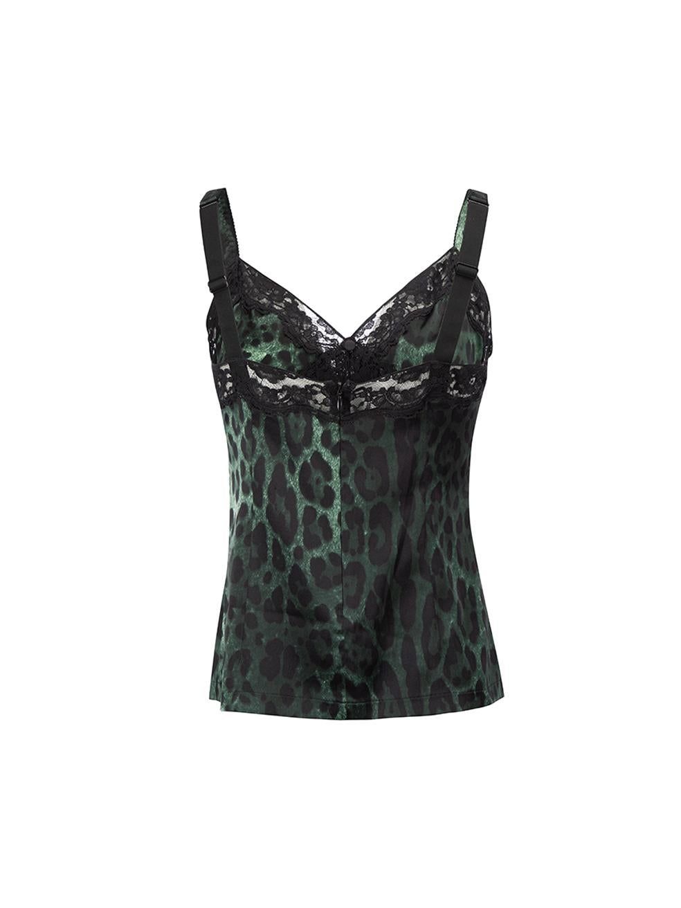 Green Silk Leopard Print Lace Trim Camisole Top Size M In Good Condition In London, GB