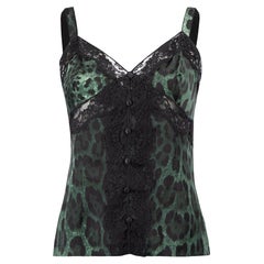 Green Silk Leopard Print Lace Trim Camisole Top Size M