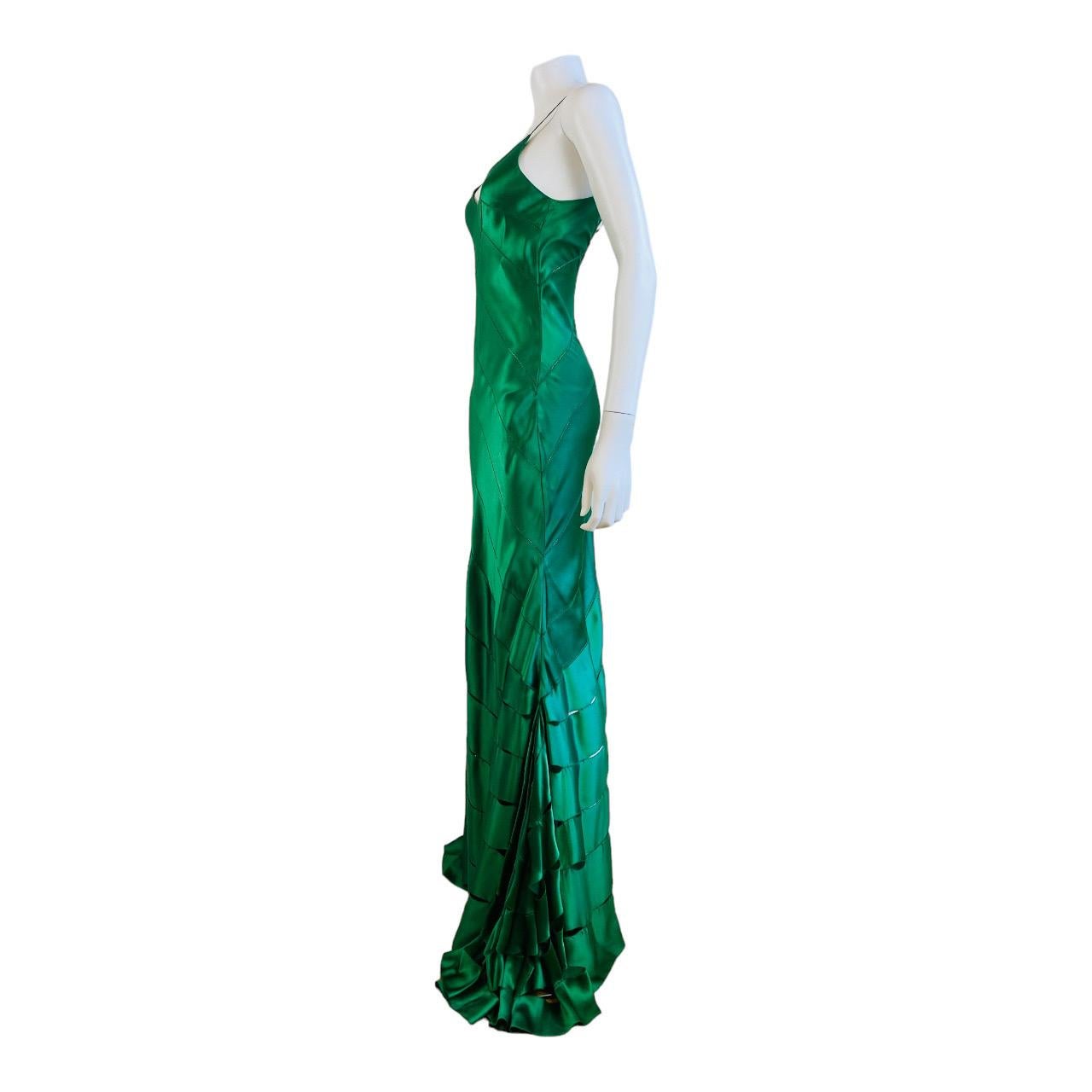 Green Silk Vintage S/S 2004 Roberto Cavalli Maxi Slip Dress Gown Mermaid Hem For Sale 6