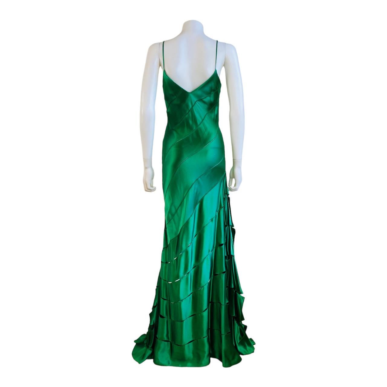 Green Silk Vintage S/S 2004 Roberto Cavalli Maxi Slip Dress Gown Mermaid Hem For Sale 7