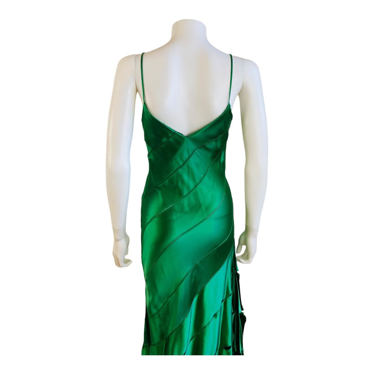 Green Silk Vintage S/S 2004 Roberto Cavalli Maxi Slip Dress Gown Mermaid Hem For Sale 8