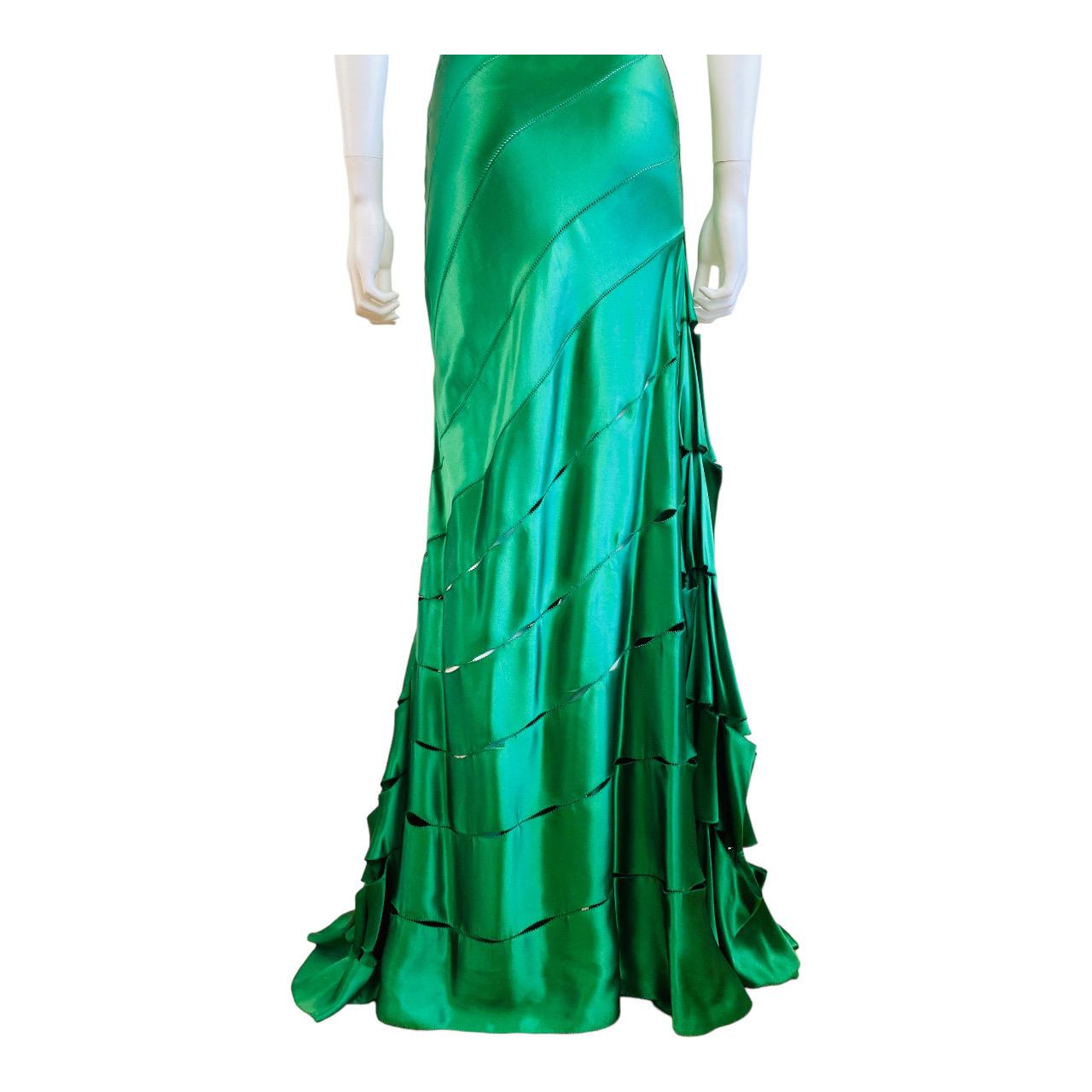 Green Silk Vintage S/S 2004 Roberto Cavalli Maxi Slip Dress Gown Mermaid Hem For Sale 10