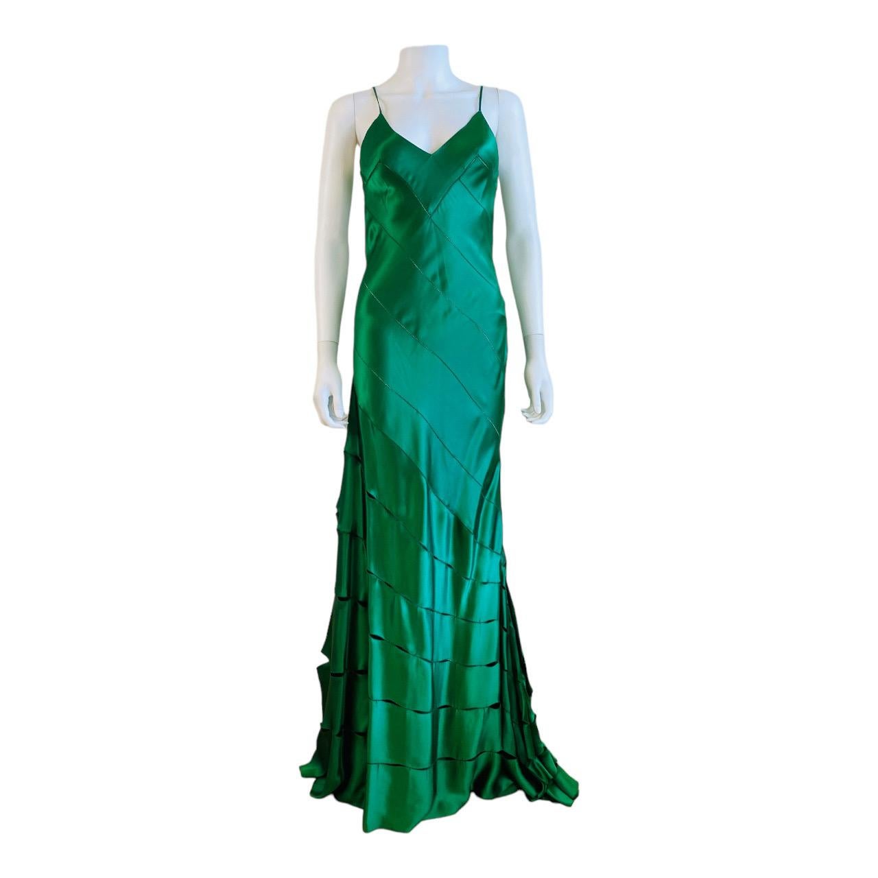 Green Silk Vintage S/S 2004 Roberto Cavalli Maxi Slip Dress Gown Mermaid Hem In Good Condition For Sale In Denver, CO